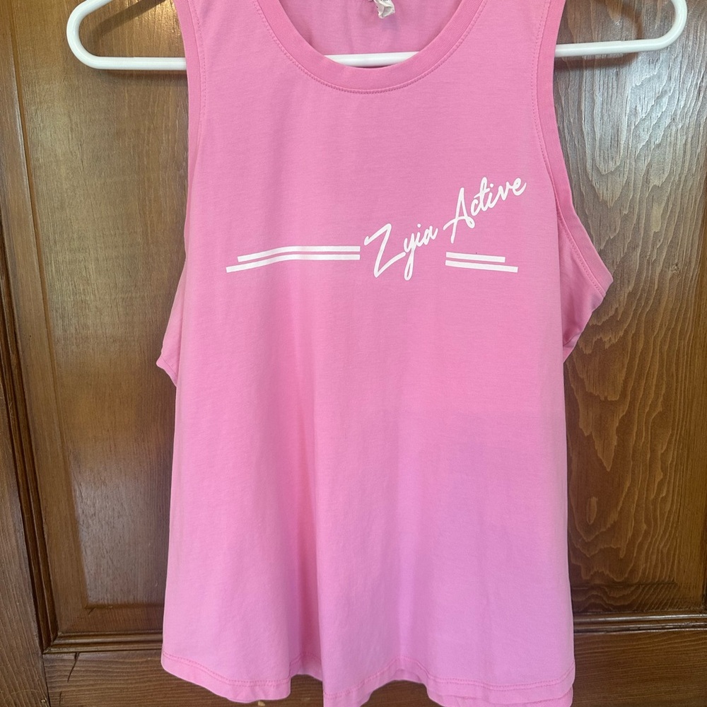 ZYIA Pink Sleeveless South Beach Muscle Tank with White Script Logo
